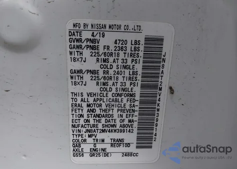 2019 Nissan Rogue Sv z USA, uszkodzony, nr VIN JN8AT2MV4KW399142